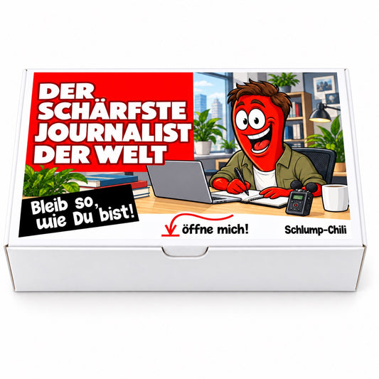 Der schärfste Journalist der Welt – weiße Geschenkbox, Vorderansicht