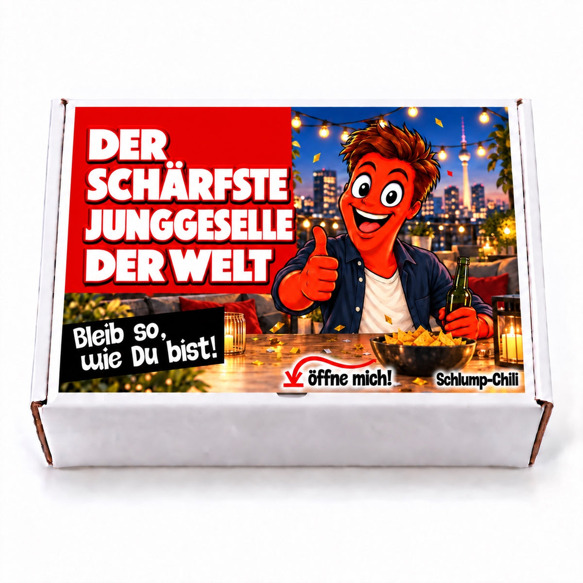 Der schärfste Junggeselle der Welt – weiße Geschenkbox, Vorderansicht