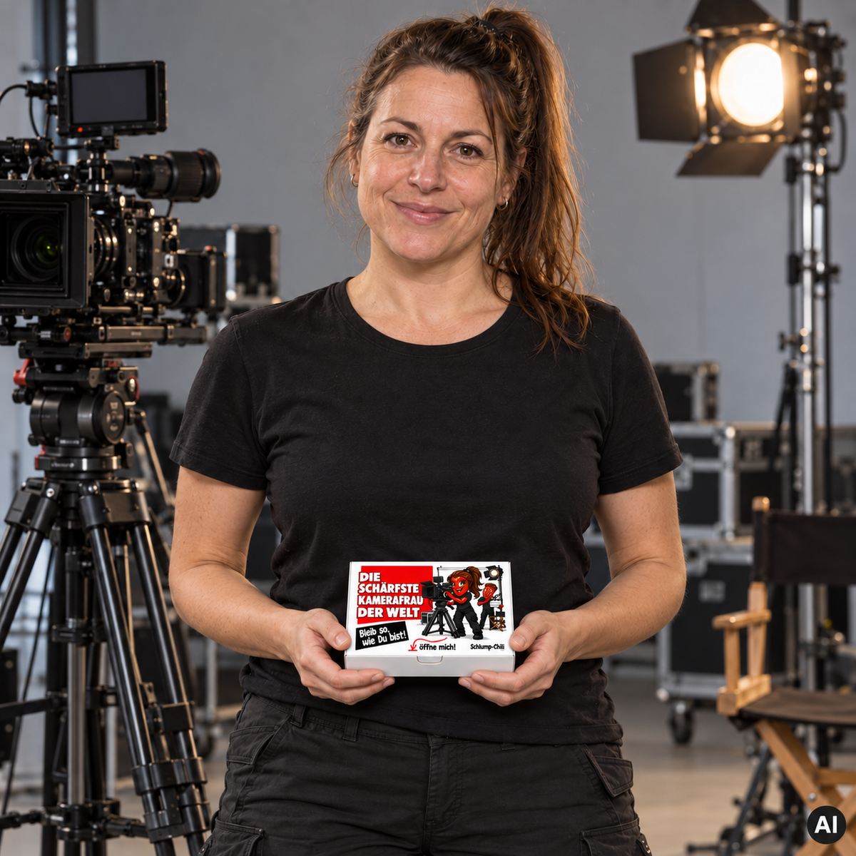 Die schärfste Kamerafrau der Welt – Lifestylebild mit kleiner A6-Geschenkschachtel