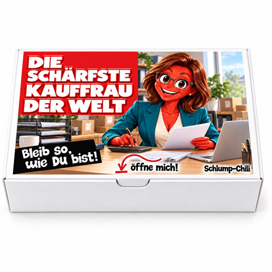 Die schärfste Kauffrau der Welt – weiße Geschenkbox, Vorderansicht