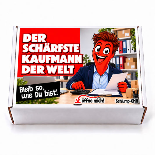 Der schärfste Kaufmann der Welt – weiße Geschenkbox, Vorderansicht