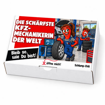 Die schärfste Kfz-Mechanikerin der Welt – Geschenkbox Schrägansicht