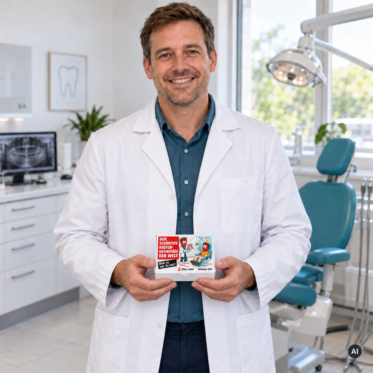 Der schärfste Kieferorthopäde der Welt – Lifestylebild mit kleiner Geschenkbox (AI)
