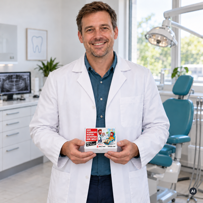 Der schärfste Kieferorthopäde der Welt – Lifestylebild mit kleiner Geschenkbox (AI)