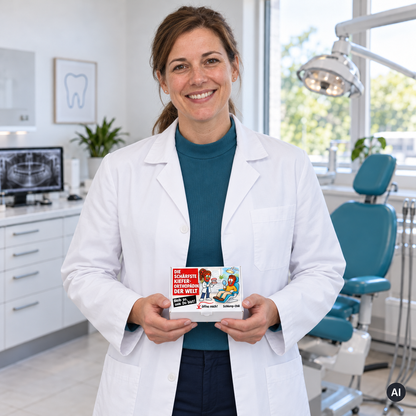 Die schärfste Kieferorthopädin der Welt – Lifestylebild mit kleiner Geschenkbox (AI)