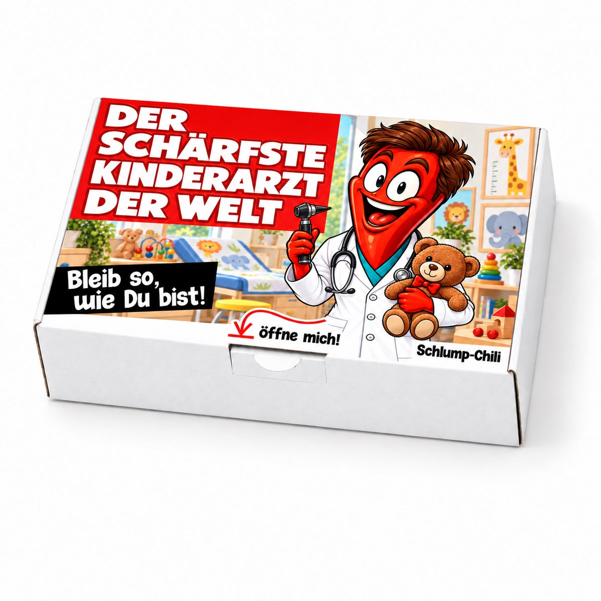 Der schärfste Kinderarzt der Welt – Geschenkbox Schrägansicht