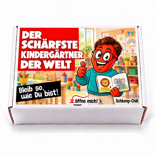 Der schärfste Kindergärtner der Welt – weiße Geschenkbox, Vorderansicht