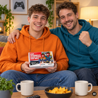 Der schärfste kleine Bruder der Welt – Lifestylebild mit kleiner A6-Geschenkschachtel