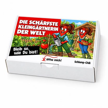 Die schärfste Kleingärtnerin der Welt – Geschenkbox Schrägansicht