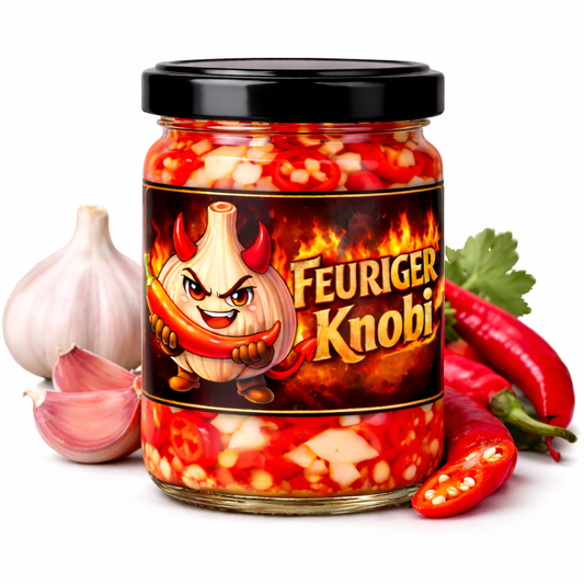 Feuriger Knobi - eingelegter Knoblauch mit Chili im Glas