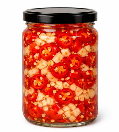 Feuriger Knobi - eingelegter Knoblauch mit Chili im Glas
