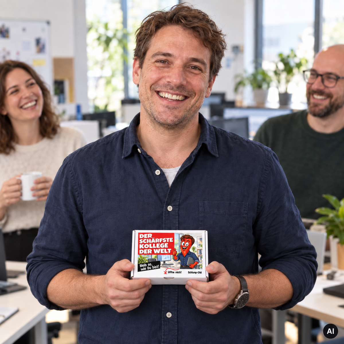 Der schärfste Kollege der Welt – kleine Geschenkbox in der Hand (AI)