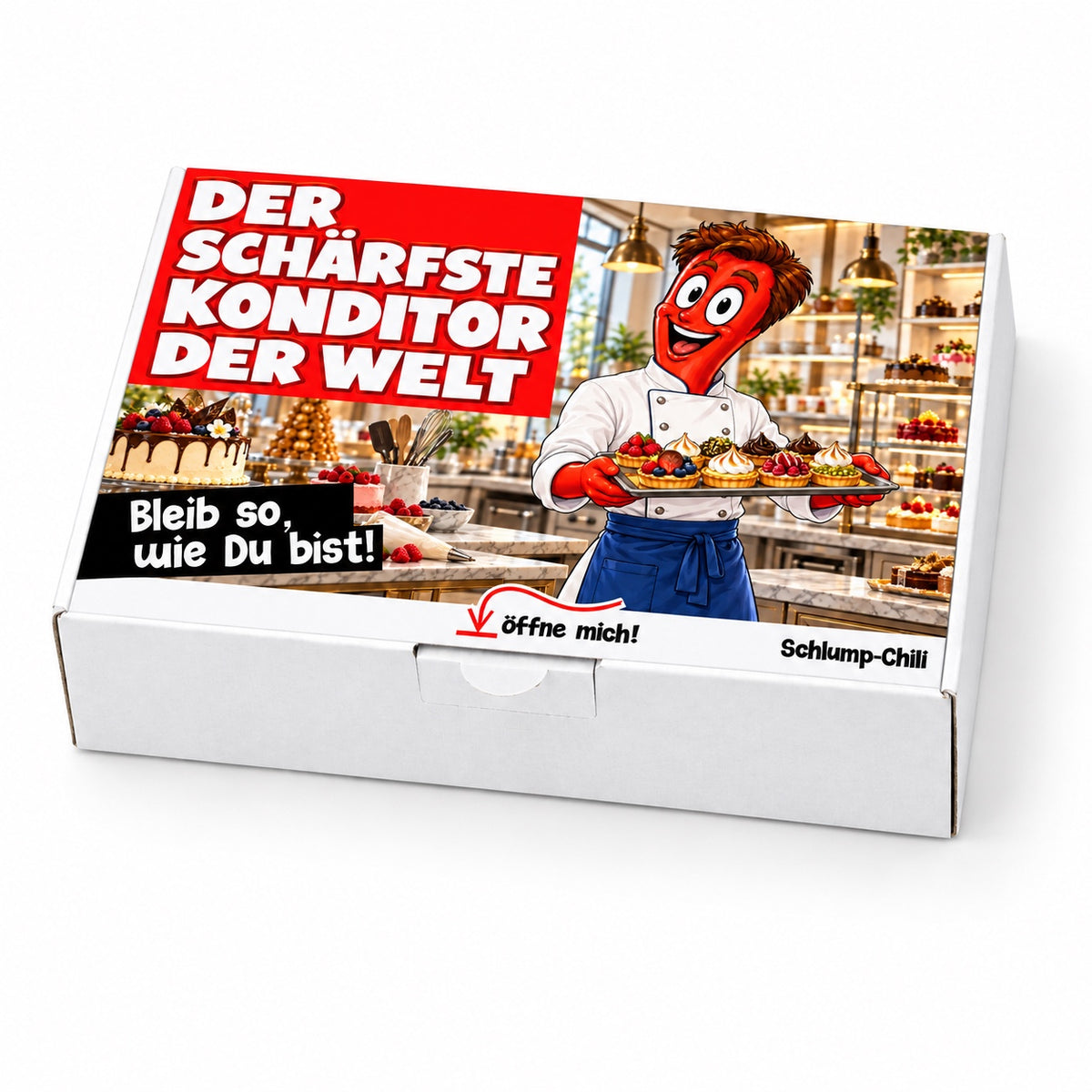 Der schärfste Konditor der Welt – Geschenkbox Schrägansicht