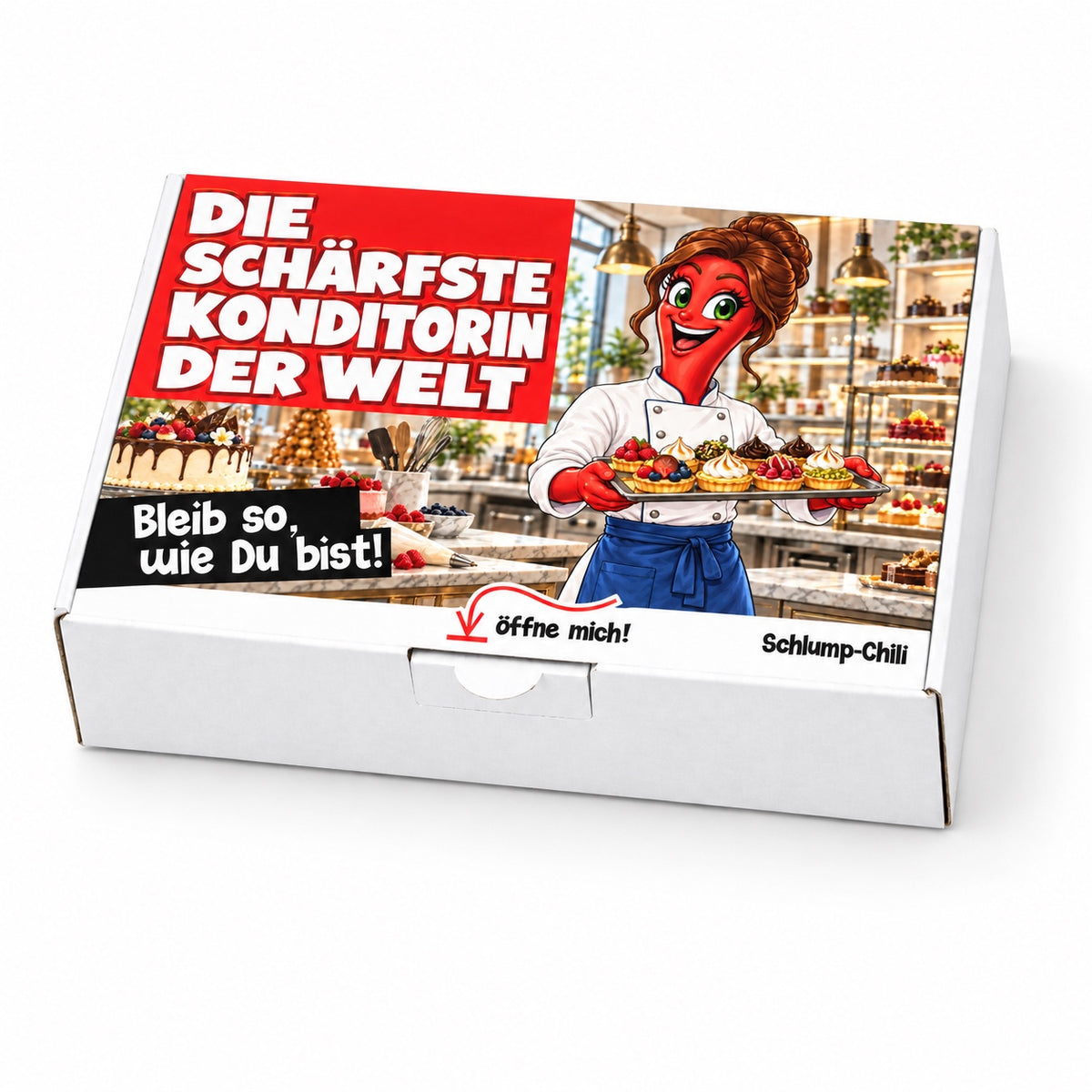 Die schärfste Konditorin der Welt – Geschenkbox Schrägansicht