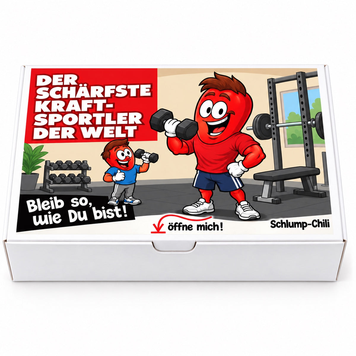 Der schärfste Kraftsportler der Welt – Frontansicht der Chili-Geschenkbox