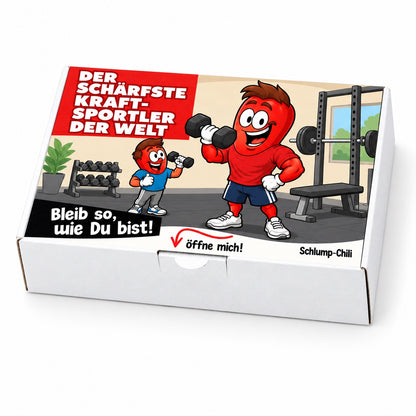 Der schärfste Kraftsportler der Welt – Schrägansicht der Chili-Geschenkbox