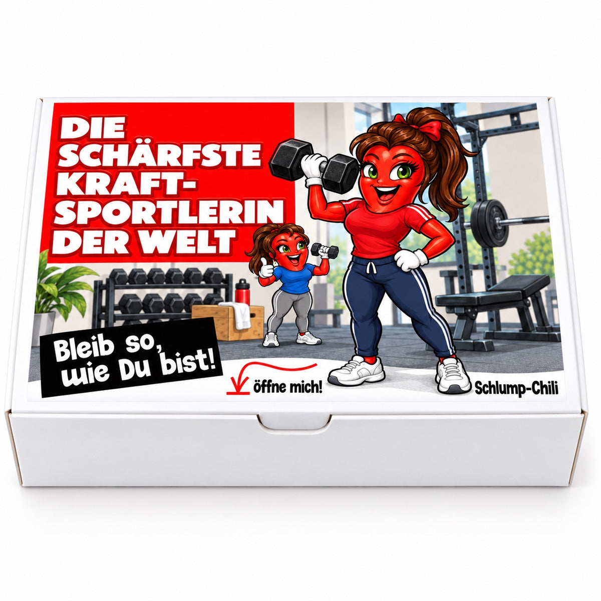 Die schärfste Kraftsportlerin der Welt – Frontansicht der Chili-Geschenkbox