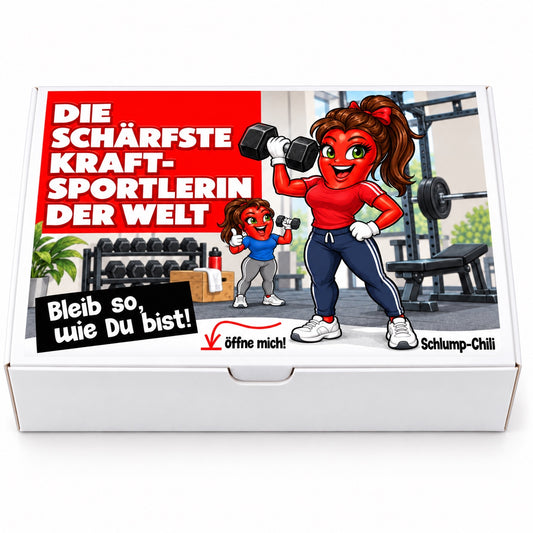 Die schärfste Kraftsportlerin der Welt – Frontansicht der Chili-Geschenkbox