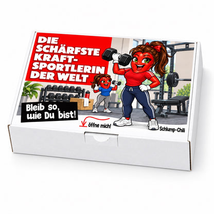 Die schärfste Kraftsportlerin der Welt – Schrägansicht der Chili-Geschenkbox
