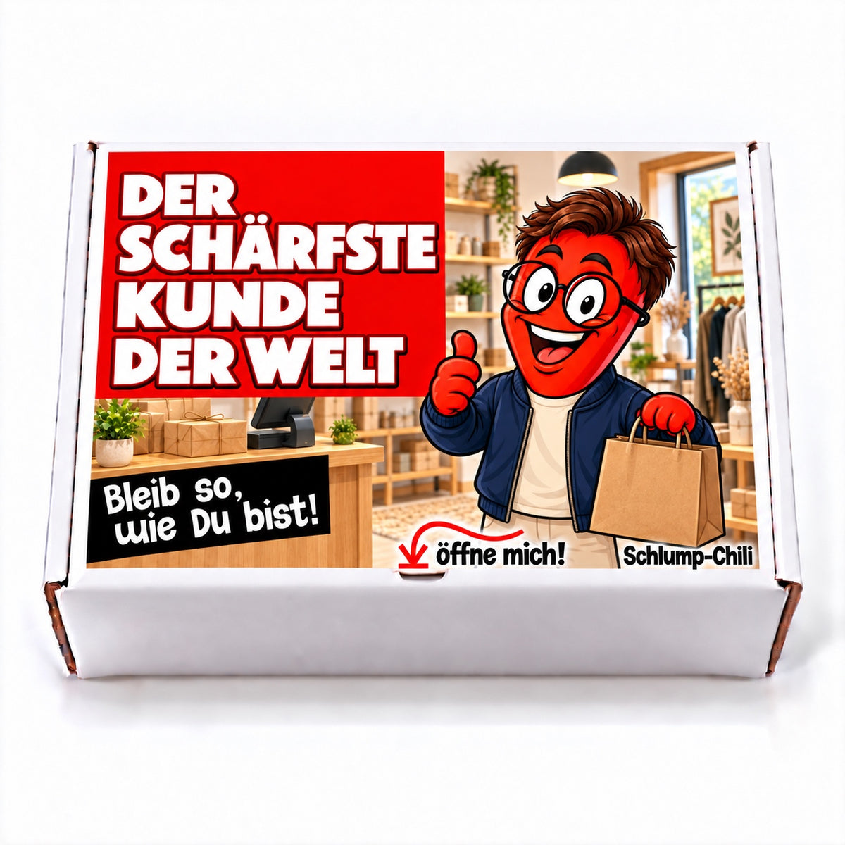 Der schärfste Kunde der Welt – weiße Geschenkbox, Vorderansicht