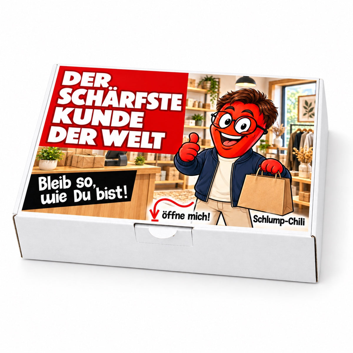 Der schärfste Kunde der Welt – weiße Geschenkbox, Schrägansicht