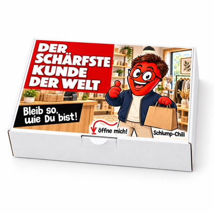 Der schärfste Kunde der Welt – weiße Geschenkbox, Schrägansicht