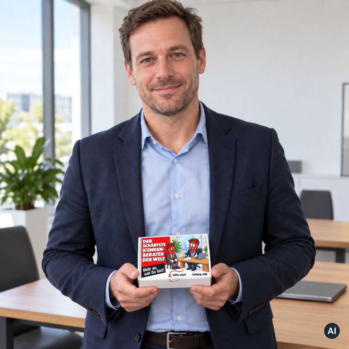 Der schärfste Kundenberater der Welt – Lifestylebild mit kleiner A6-Geschenkschachtel