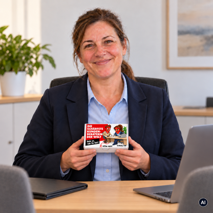 Die schärfste Kundenberaterin der Welt – Lifestylebild mit kleiner A6-Geschenkschachtel