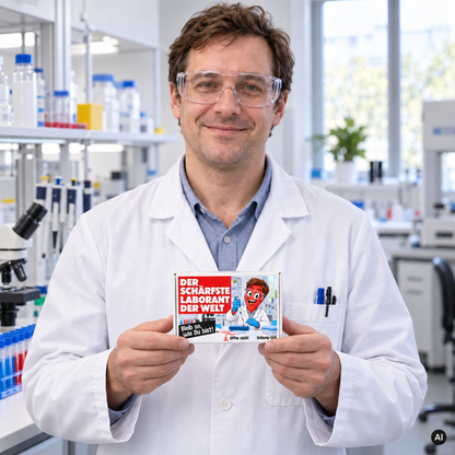 Der schärfste Laborant der Welt – Lifestylebild mit kleiner weißer Geschenkbox (ca. A6), KI-generiert