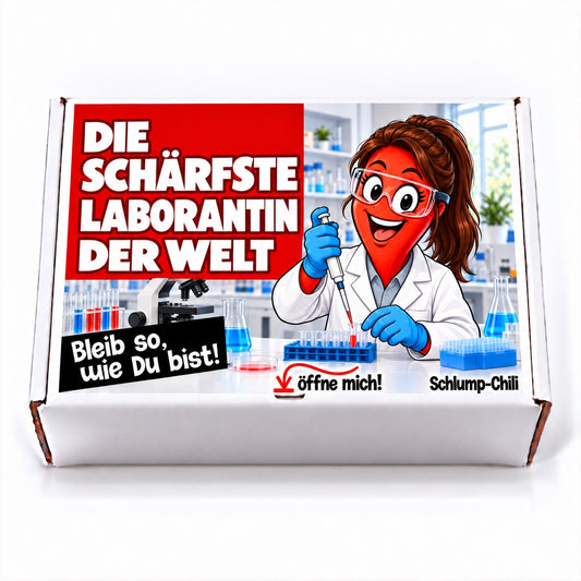 Die schärfste Laborantin der Welt – weiße Geschenkbox, Vorderansicht