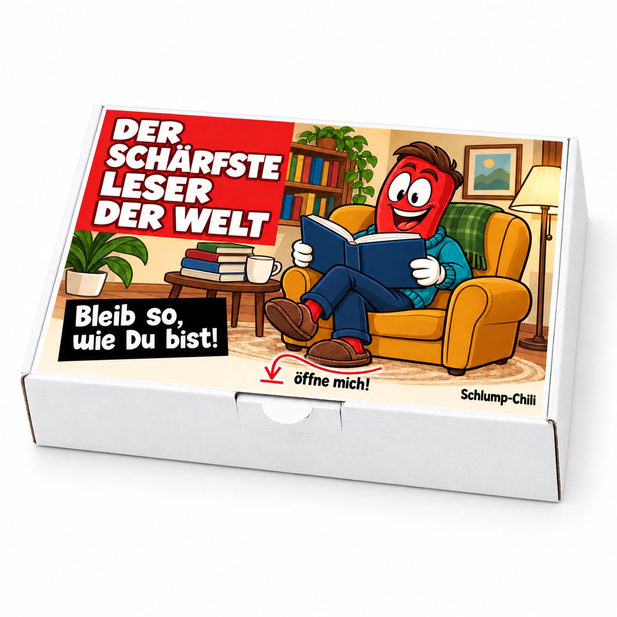 Der schärfste Leser der Welt – Schrägansicht der Chili-Geschenkbox
