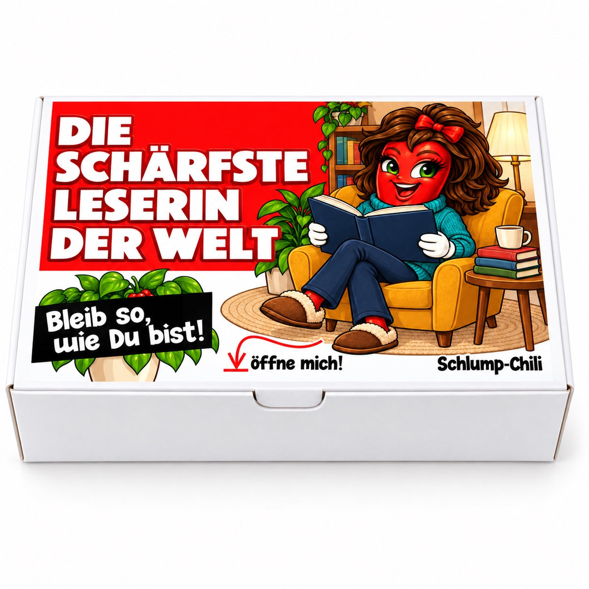 Die schärfste Leserin der Welt – Frontansicht der Chili-Geschenkbox