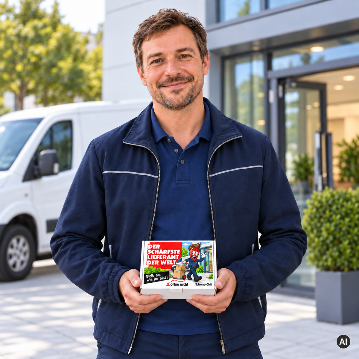 Der schärfste Lieferant der Welt – Lifestylebild mit kleiner Geschenkbox (AI)