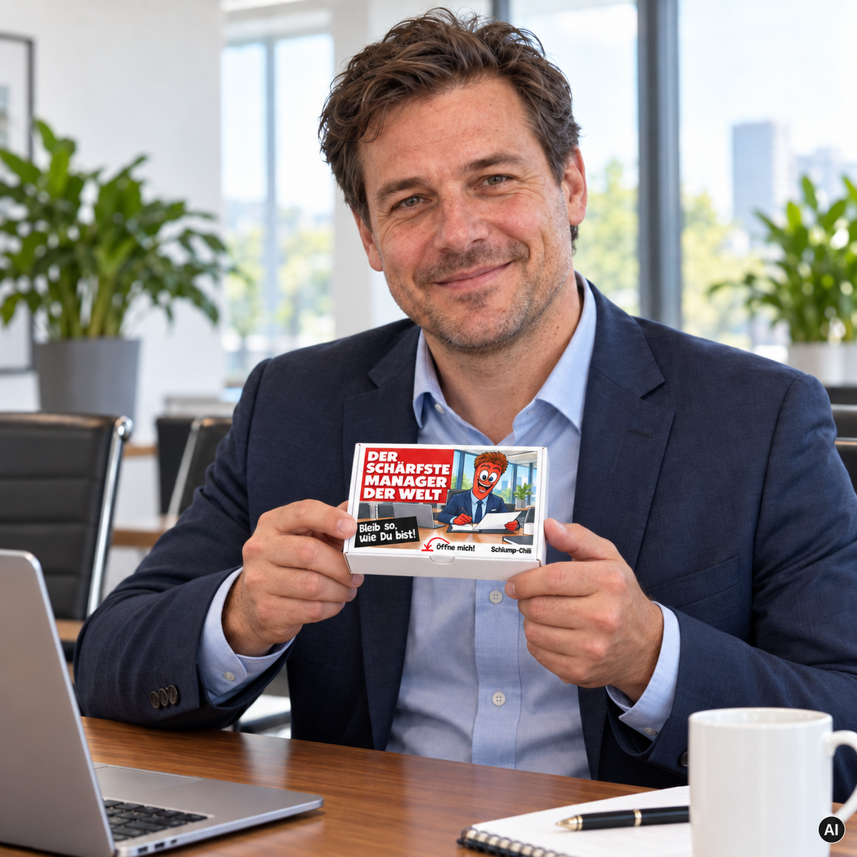 Der schärfste Manager der Welt – kleine Geschenkbox in der Hand (AI)