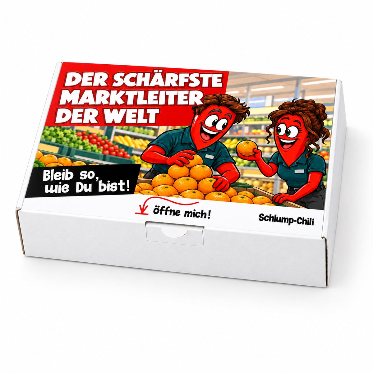 Der schärfste Marktleiter der Welt – Geschenkbox Schrägansicht