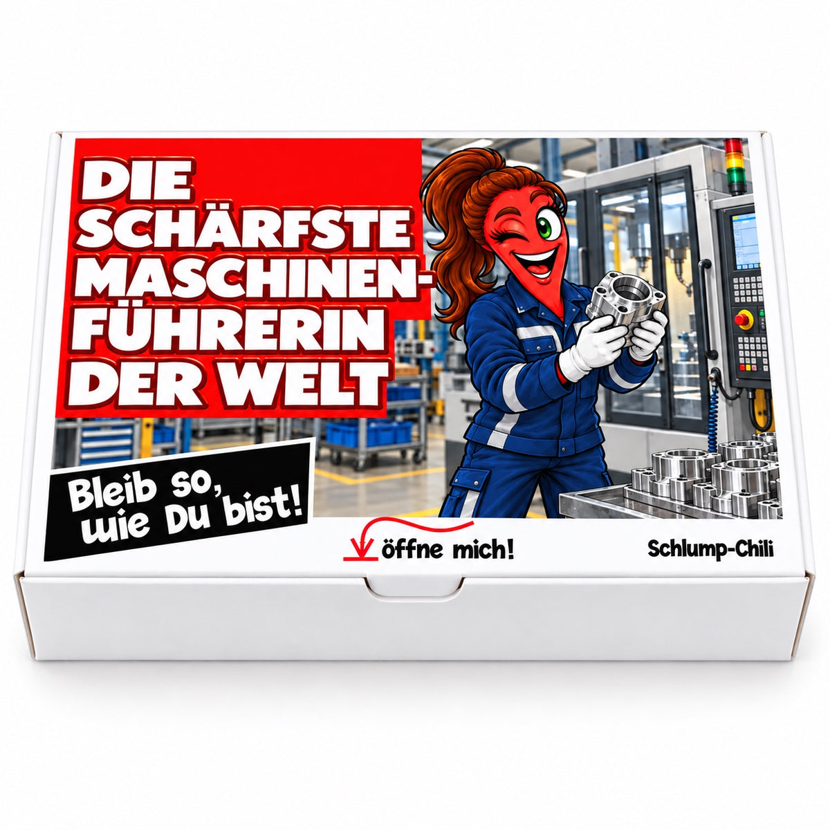 Die schärfste Maschinenführerin der Welt – Geschenkbox Vorderansicht