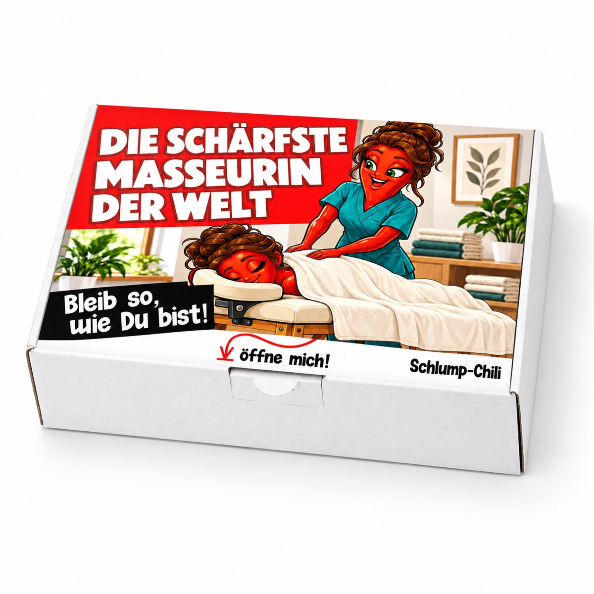 Die schärfste Masseurin der Welt – Geschenkbox Schrägansicht