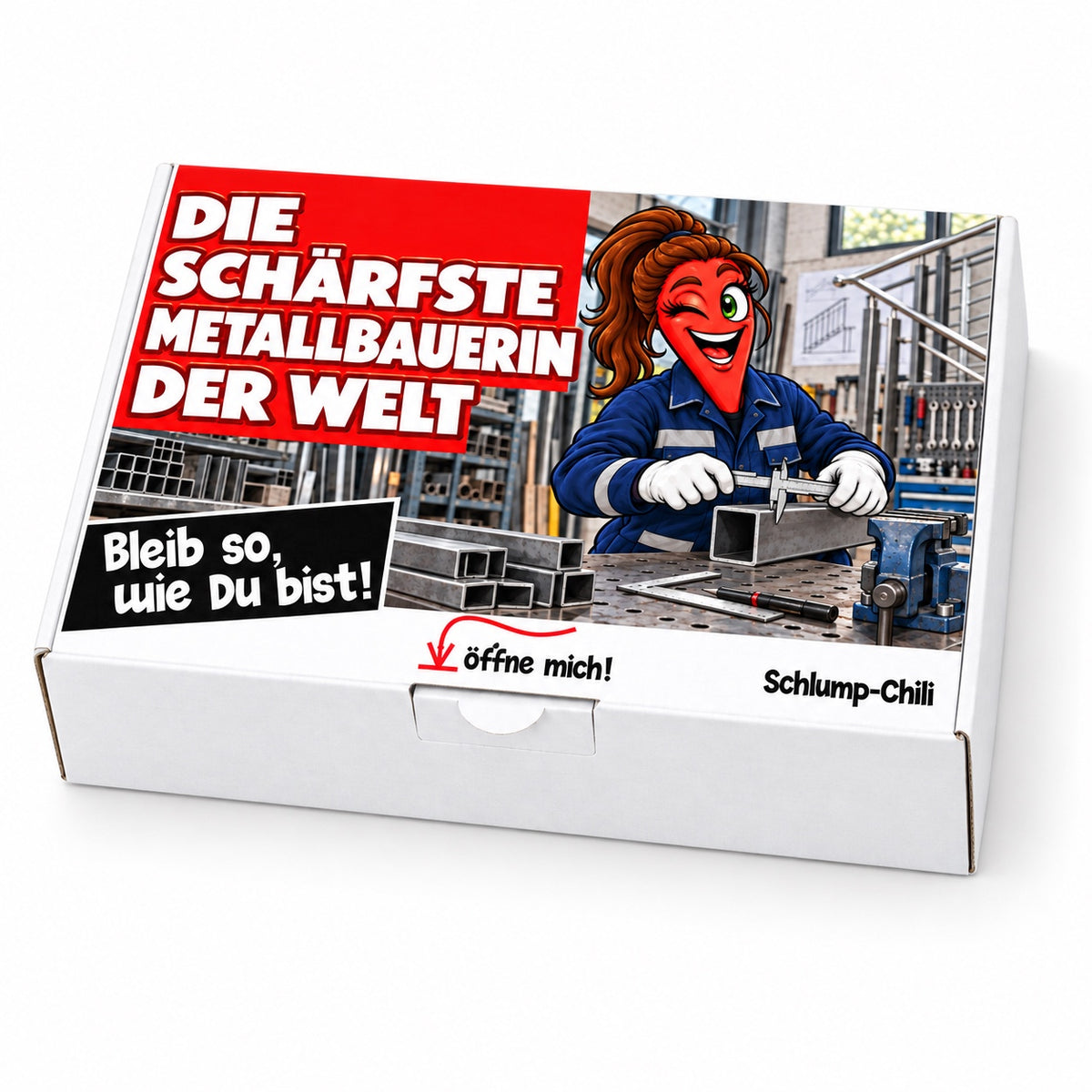 Die schärfste Metallbauerin der Welt – Geschenkbox Schrägansicht
