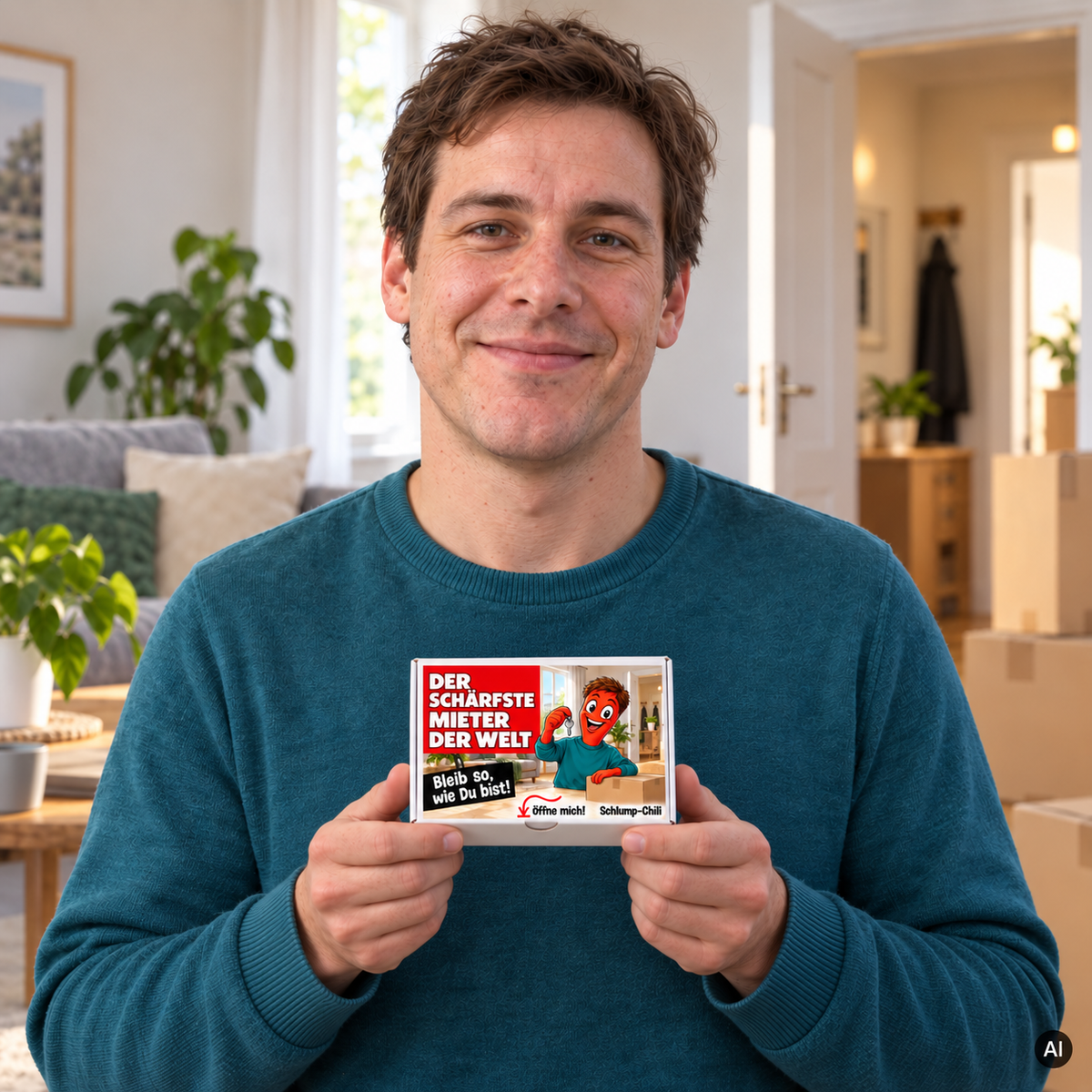 Der schärfste Mieter der Welt – kleine Geschenkbox in der Hand (AI)