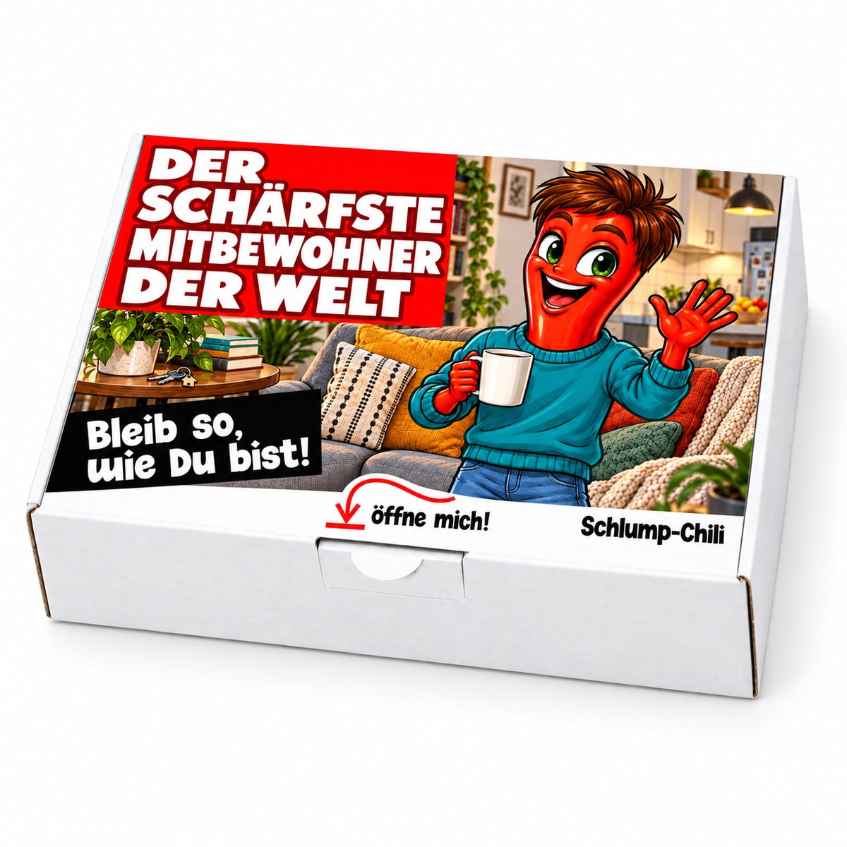 Der schärfste Mitbewohner der Welt – weiße Geschenkbox, Schrägansicht
