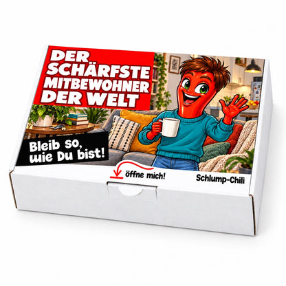 Der schärfste Mitbewohner der Welt – weiße Geschenkbox, Schrägansicht
