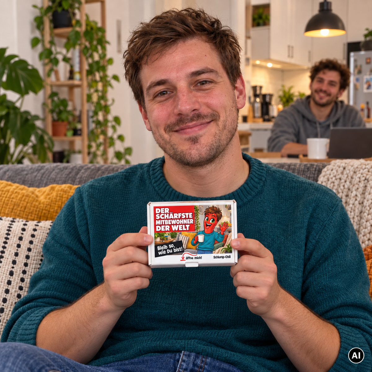 Der schärfste Mitbewohner der Welt – kleine Geschenkbox in der Hand (AI)