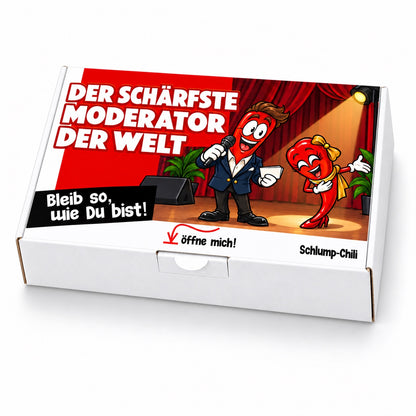 Der schärfste Moderator der Welt – Geschenkbox Schrägansicht