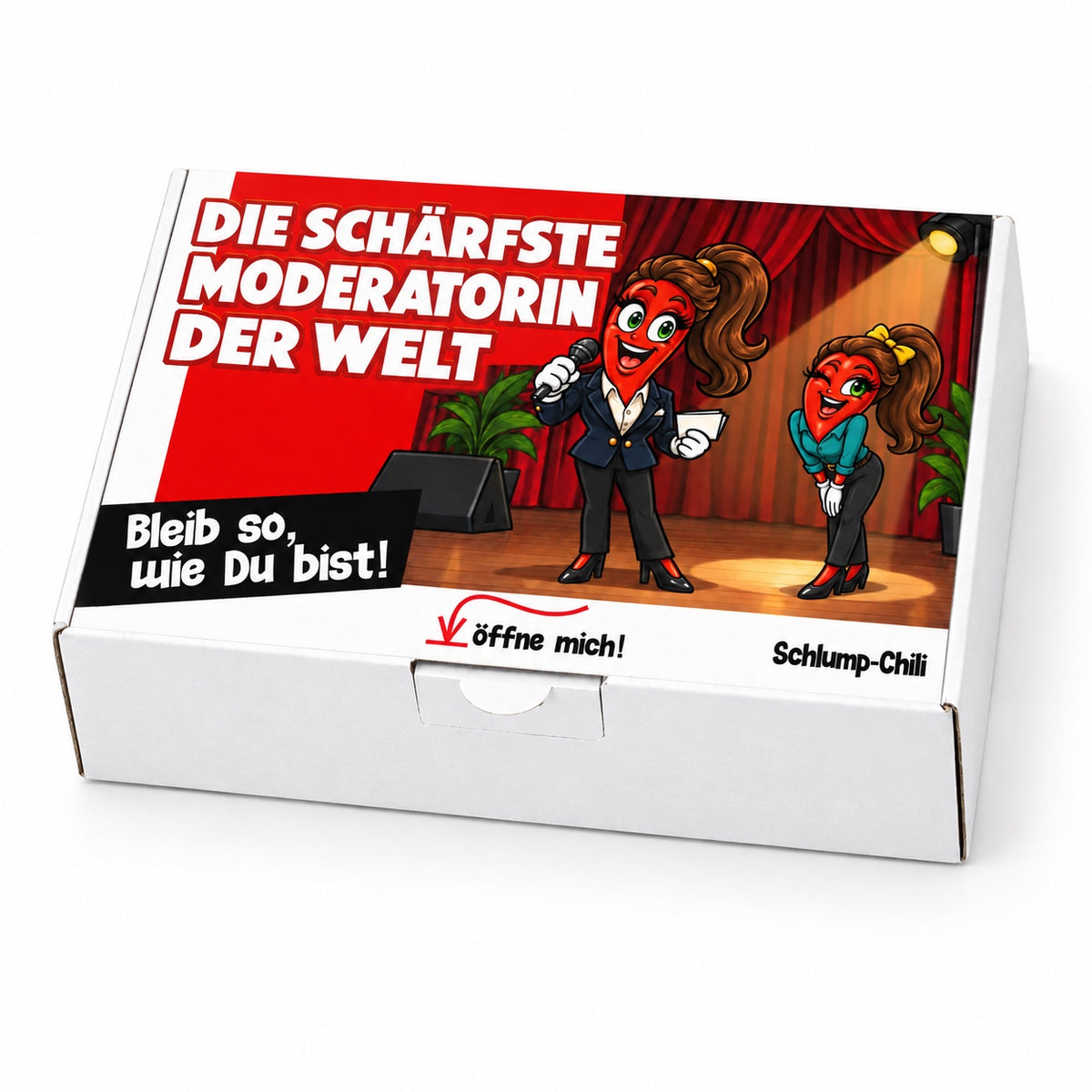 Die schärfste Moderatorin der Welt – Geschenkbox Schrägansicht