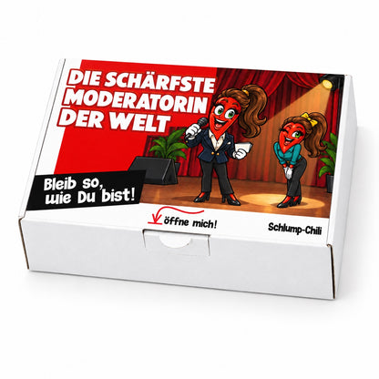 Die schärfste Moderatorin der Welt – Geschenkbox Schrägansicht