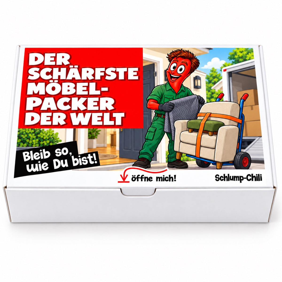 Der schärfste Möbelpacker der Welt – Geschenkbox Vorderansicht