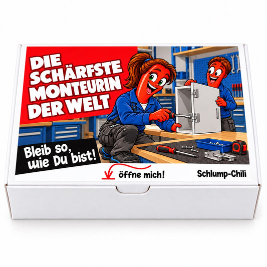 Die schärfste Monteurin der Welt – weiße Geschenkbox, Vorderansicht