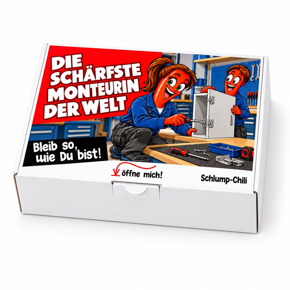 Die schärfste Monteurin der Welt – weiße Geschenkbox, Schrägansicht