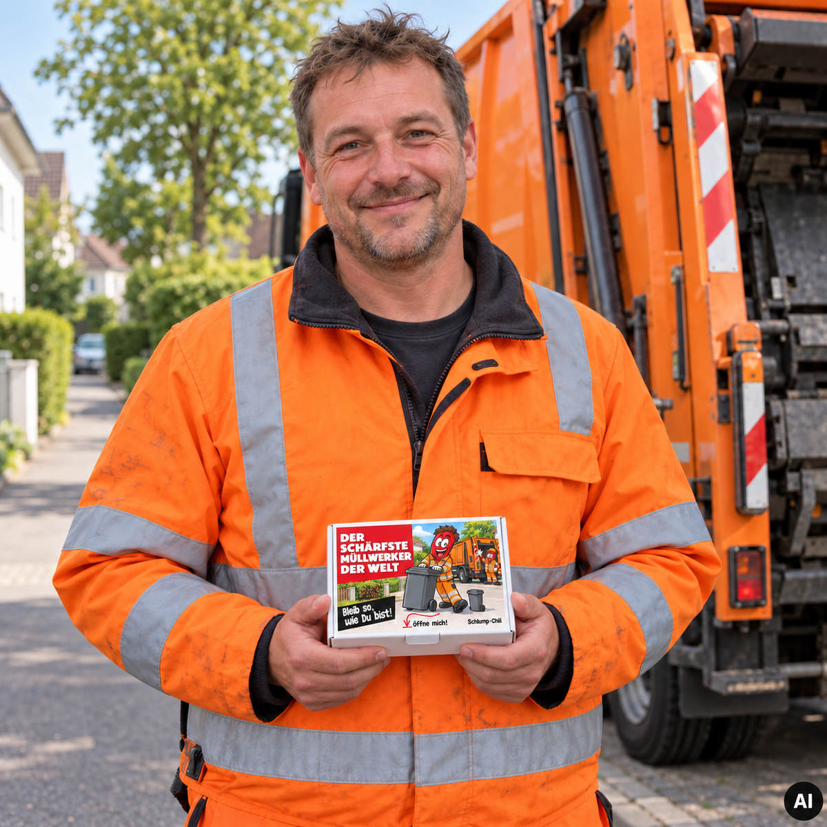 Der schärfste Müllwerker der Welt – Lifestyle mit kleiner A6-Geschenkbox, AI