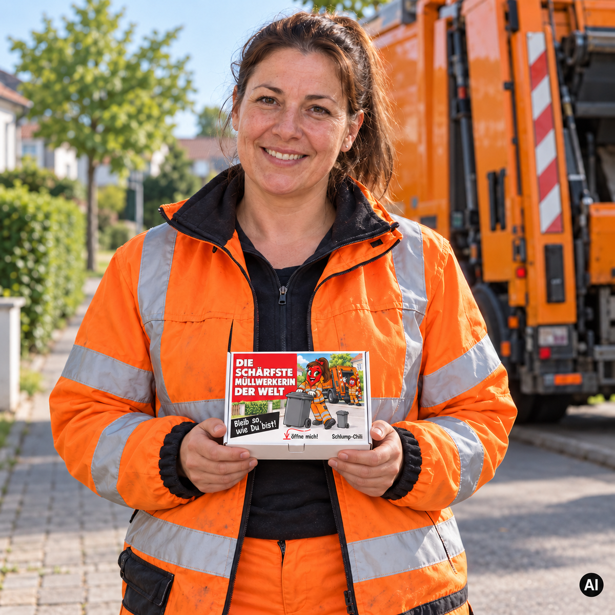 Die schärfste Müllwerkerin der Welt – Lifestyle mit kleiner A6-Geschenkbox, AI